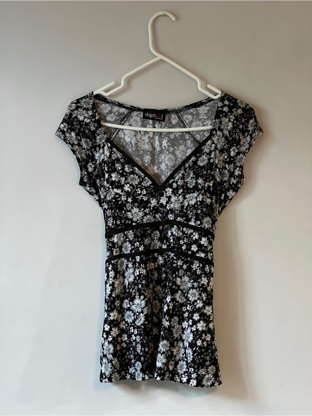 Digital Clothing Y2K Black & White Floral Tie-Back Babydoll Top